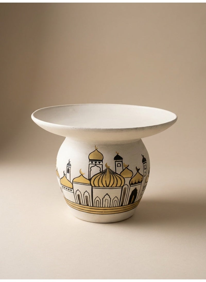 Tanseeq Elegant White Resin Pedestal Serving Bowl with Gold Mosque Design for Ramadan Centerpiece Tray Iftar Dates Server Islamic Home Decor Eid Gift Tableware - Image 1